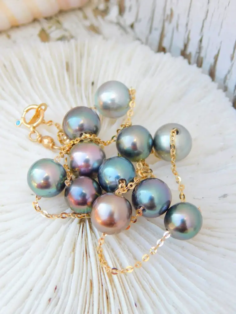 Multi-color Tahitian Pearl Tin Cup Necklace | Solid 18kt Yellow Gold Chain by OceanRhyme on Etsy - 7 Tips for accessorizing with pearls on your wedding day - The Wedding Club