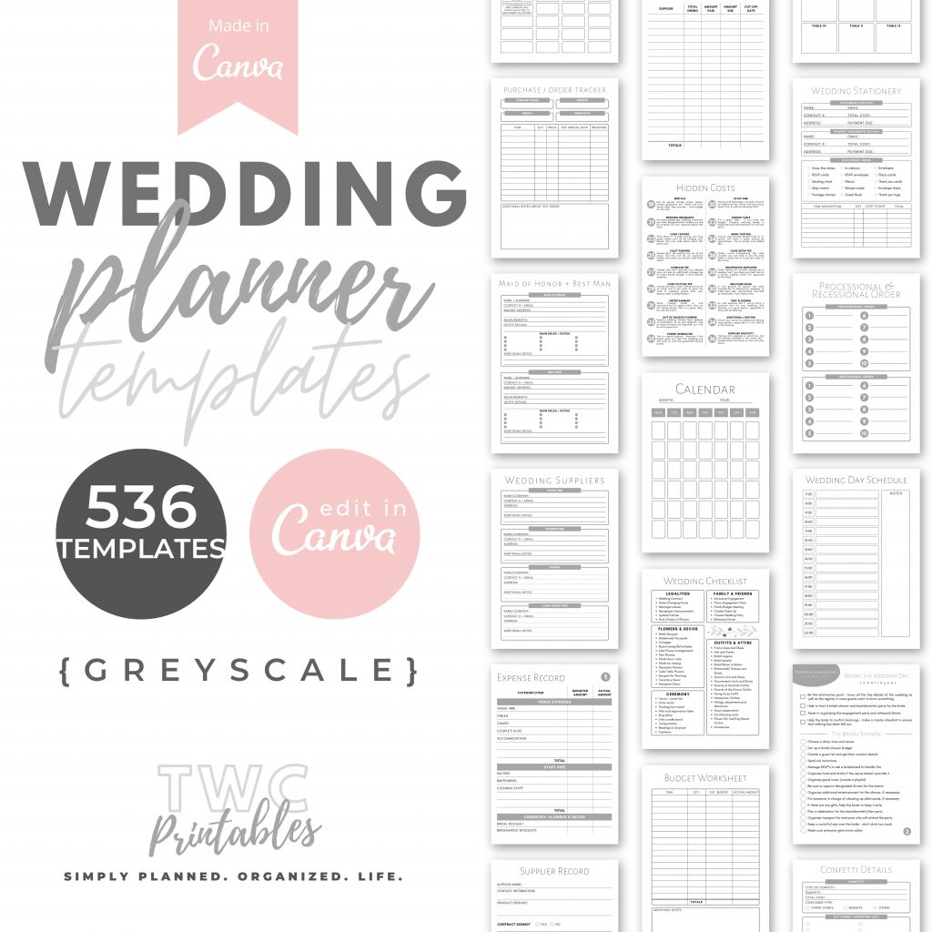 Greyscale wedding planner templates for Canva - The Wedding Shop - The Wedding Club