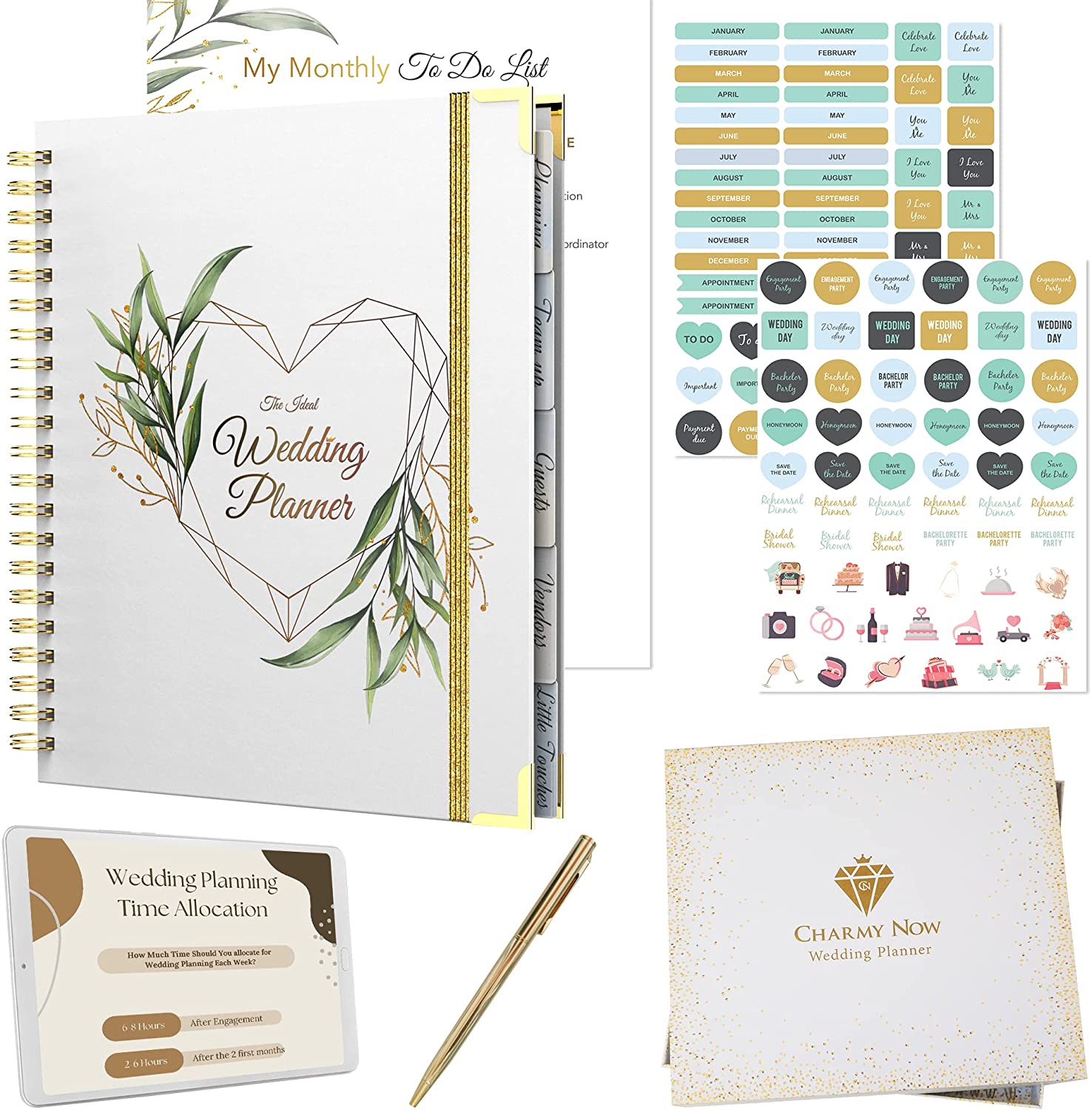 Wedding Planner Book and Organizer For The Bride - Gold Kit with Stickers, Pen & Gift Box | Future Mrs Gifts Wedding Planning Book | Engagement Gifts for Women | Bride To Be Gifts for Her by CHARMY NOW on Amazon