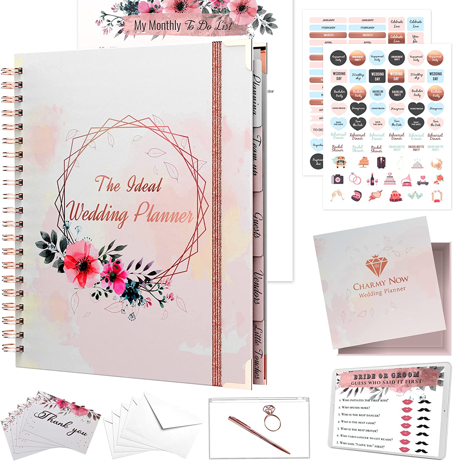 Wedding Planner Book and Organizer For The Bride - Rose Gold Kit with Stickers, Pen, Cards, Pouch & Gift Box | Future Mrs Gifts Wedding Planning Book | Engagement Gifts for Women | Bride To Be Gifts for Her by CHARMY NOW on Amazon