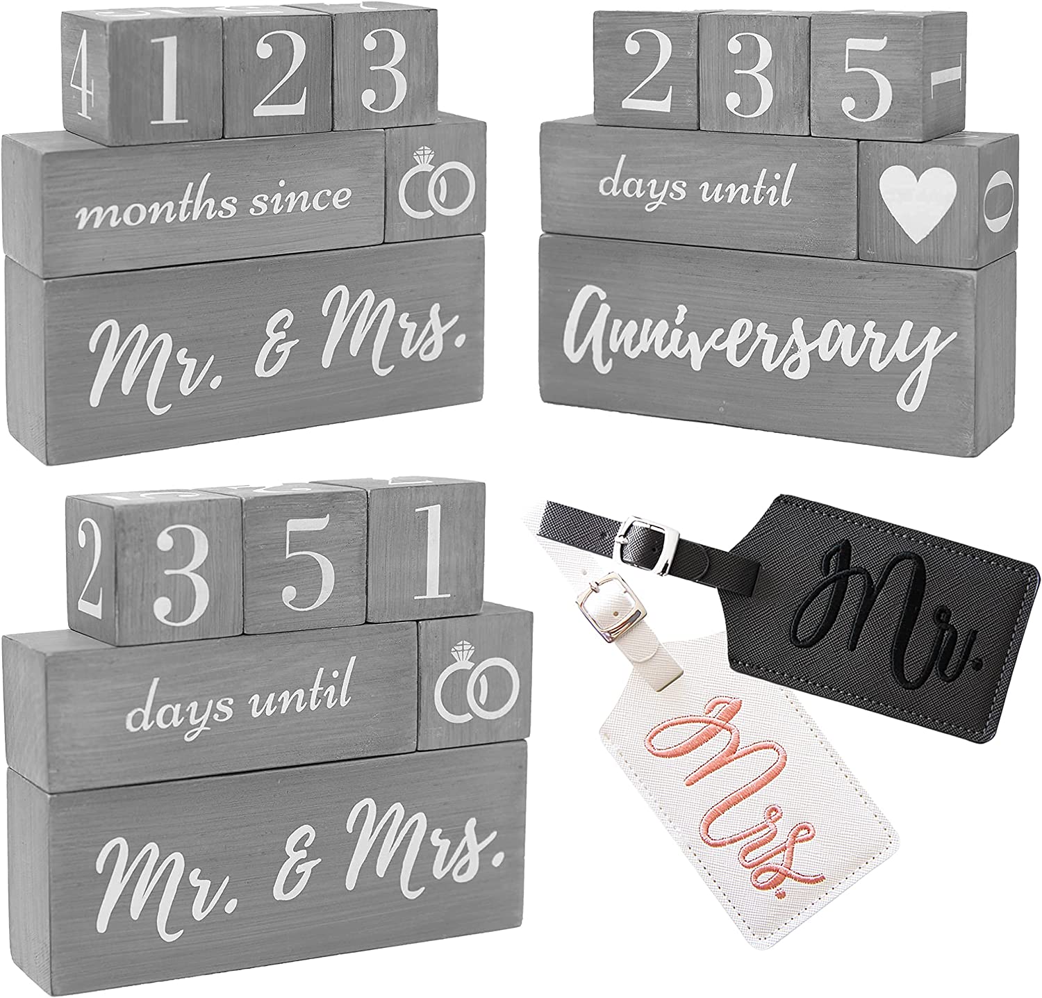 Wedding Countdown Calendar Block Mr and Mrs Luggage Tags His and Hers - 2 Item Gift Set | Reversible Text Block for Marriage, Anniversary Engagement Gifts for Couples, Bride to Be by The Seven Days Home Store