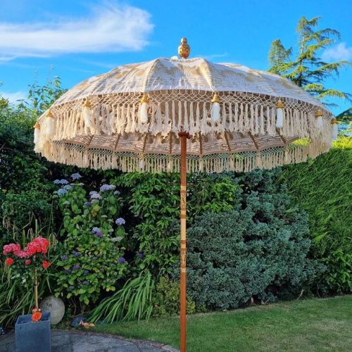 Handmade Balinese Collection Authentic Boho Style Sun Garden White Parasol With White Tassels and Fringe Details by SundownParasol on Etsy - Elegant Tropical Wedding - The Wedding Club