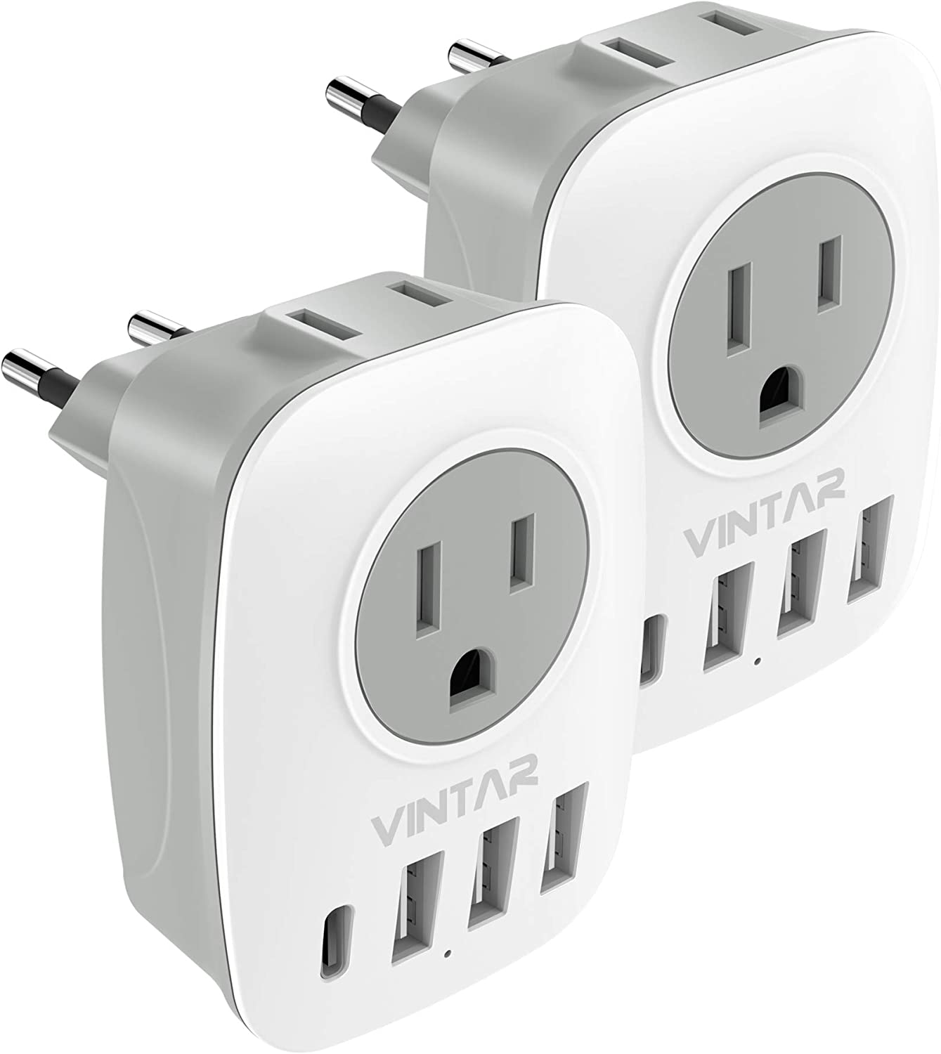 [2-Pack] European Travel Plug Adapter, VINTAR International Power Adaptor with 1 USB C, 2 American Outlets and 3 USB Ports, 6 in 1 Travel Essentials to Most... by VINTAR on Amazon - honeymoon gift ideas for newlyweds - The Wedding Club