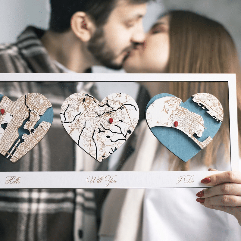 1. Wood Map Wall Art by MurWoodHome on Etsy - 27 Unique Engagement Gifts for the Couple - The Wedding Club