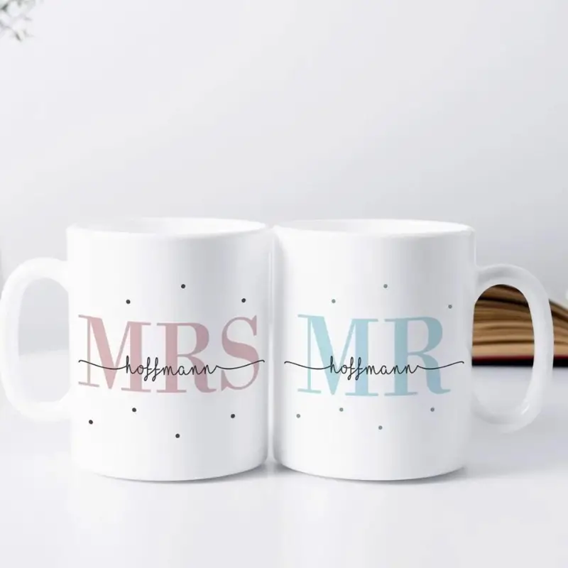 22. Mug Set Mr + Mrs by VerschenkichDE on Etsy - 75 Best wedding gifts for couples - The Wedding Club