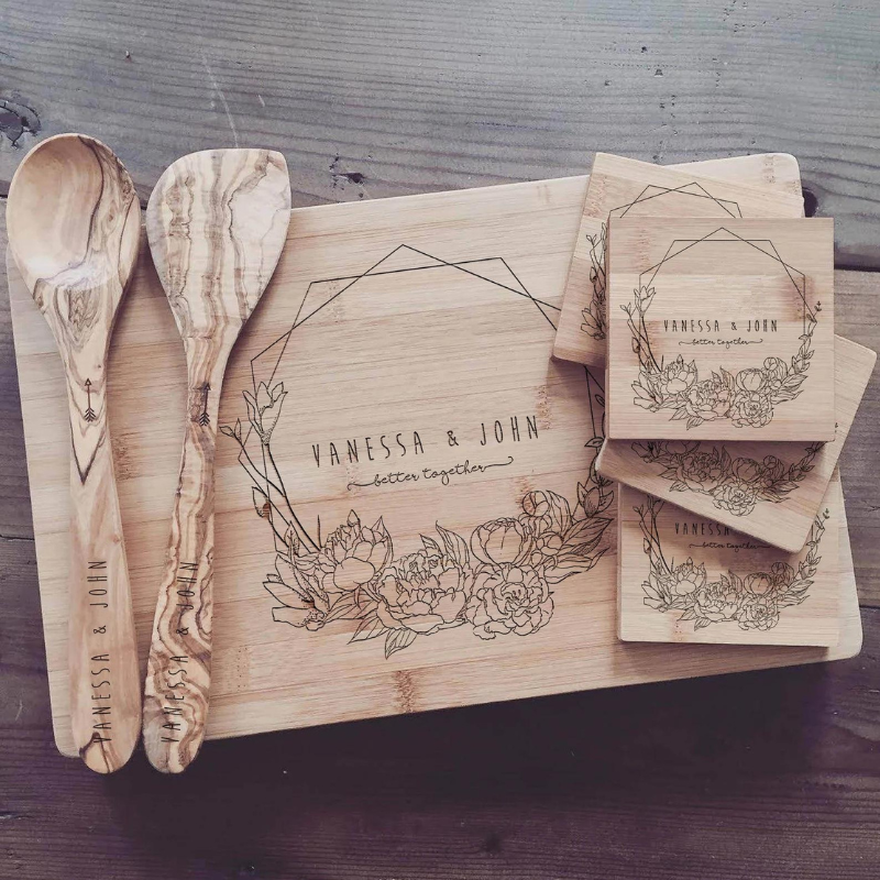 24. Personalized Cutting Board Gift Set by WoodAndMine on Etsy - 27 Unique Engagement Gifts for the Couple - The Wedding Club