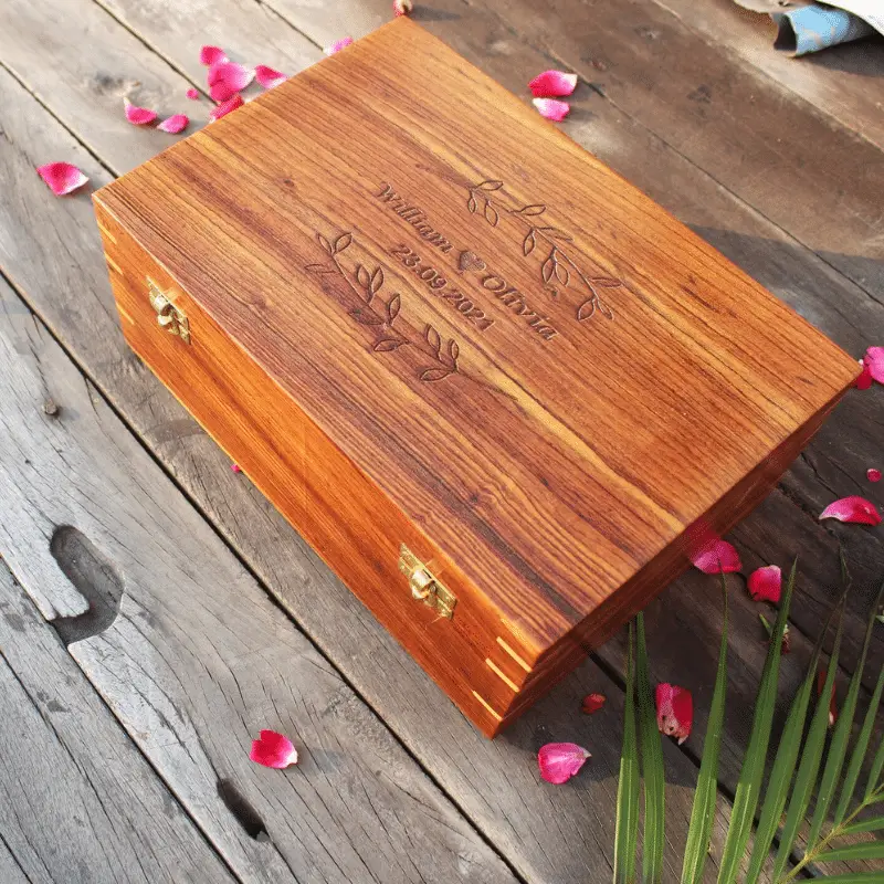 5. Personalized wooden Engraved Gift Box by HappyDecorsCo on Etsy - 27 Unique Engagement Gifts for the Couple - The Wedding Club