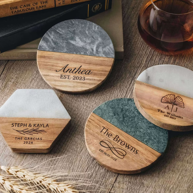 58. Custom Engraved Marble Wood Coasters by AvadirAndCo on Etsy - 75 Best wedding gifts for couples - The Wedding Club