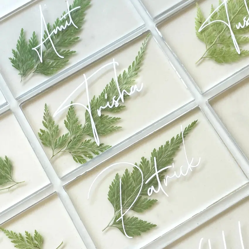 Custom Pressed Fern Wedding Place Cards by BloomPageWood on Etsy - Acrylic Wedding Things to include on your Big Day - The Wedding Club