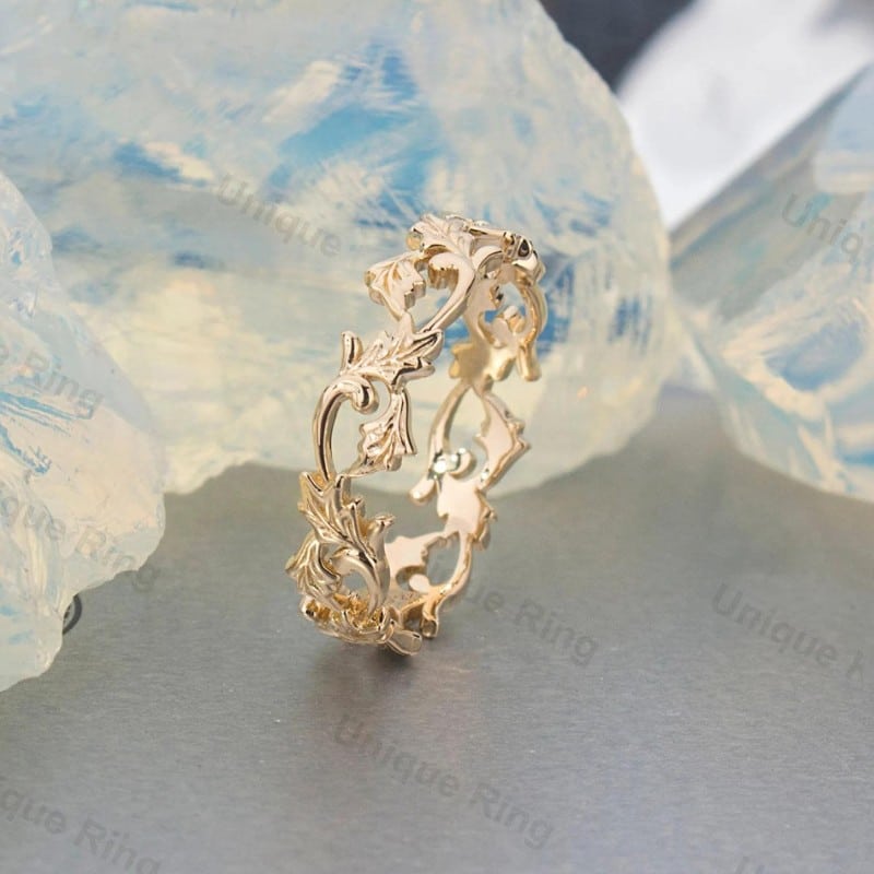 Cottagecore Leaf Solid Gold Couple Ring by UniqueRingStudio on Etsy - How to Choose the Perfect Floral Pattern Wedding Band - The Wedding Club