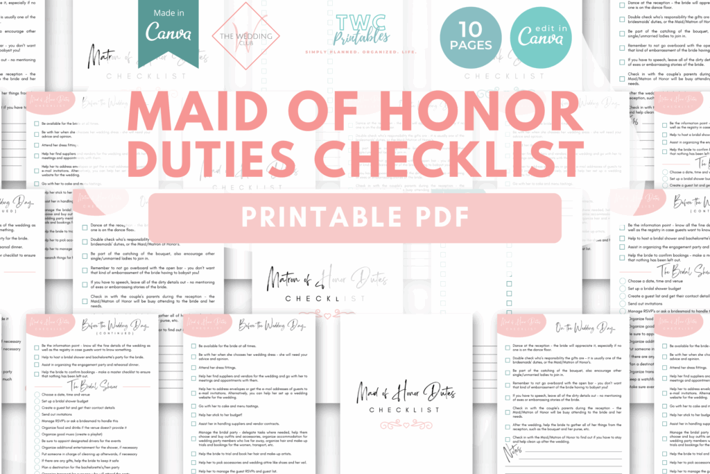 Maid of Honor Duties Checklist - printable - The Wedding Club