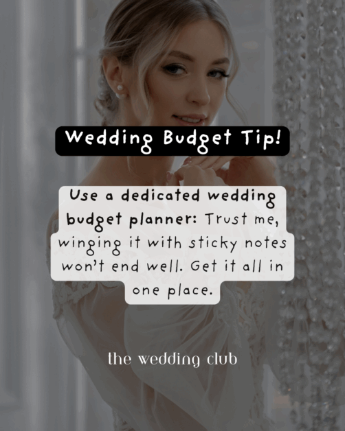 Bride near crystal curtain in a soft-lit room with overlay text: "Wedding Budget Tip! Use a dedicated wedding budget planner—Trust me, winging it with sticky notes won’t end well. Get it all in one place. The Wedding Club.