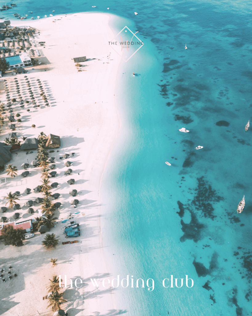 Aerial view of a romantic beach resort – ideal for mini-moon ideas and Trivago honeymoon hotel deals with turquoise waters and white sands.