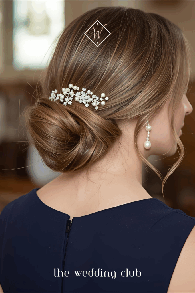 Classic low bun on long hair, elegant navy cocktail dress, pearl earrings, church wedding background