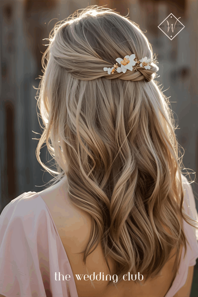 Medium-length wavy hair styled in twisted half-up hairstyle, blush pink chiffon dress, floral hair clip, rustic outdoor wedding background