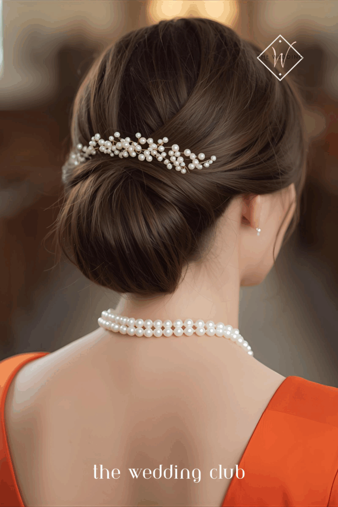 Sleek low chignon with pearl pins, navy midi dress, pearl necklace, traditional church wedding setting