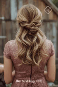 Twisted half-up hairstyle on medium hair, knee-length lace dress in dusty rose, rustic outdoor wedding background