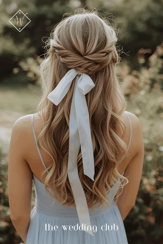 Loose half-up hairstyle tied with satin ribbon, pale blue chiffon gown, rustic garden wedding background