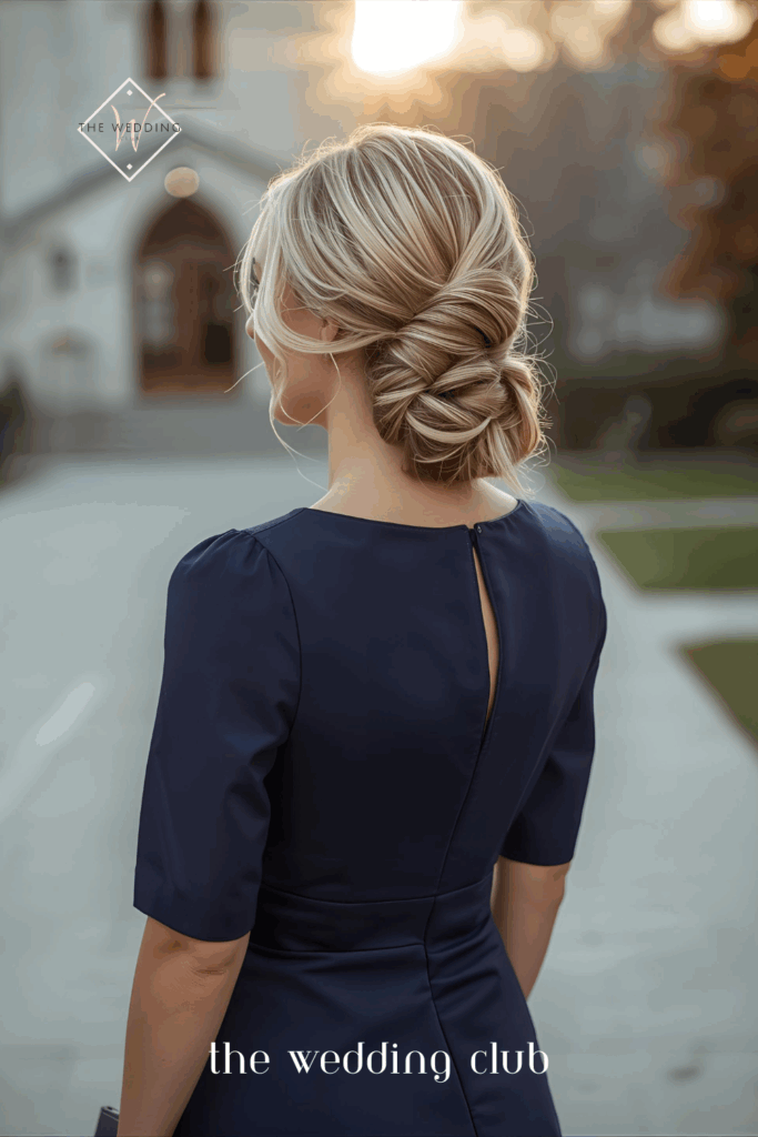 French twist variation on medium hair, navy cocktail dress with sleeves, clutch purse, elegant church wedding half-up hairstyle on medium hair