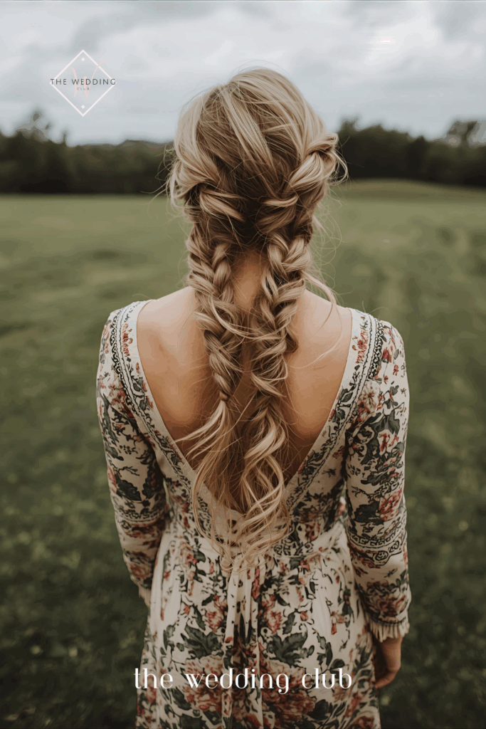 Double braids blended into waves, bohemian maxi dress with floral pattern, rustic barn wedding