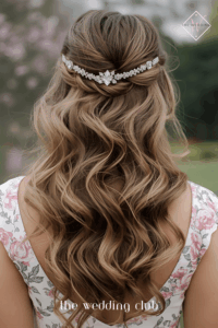 Long layered waves with jeweled headband, pastel floral midi dress, spring garden wedding setting