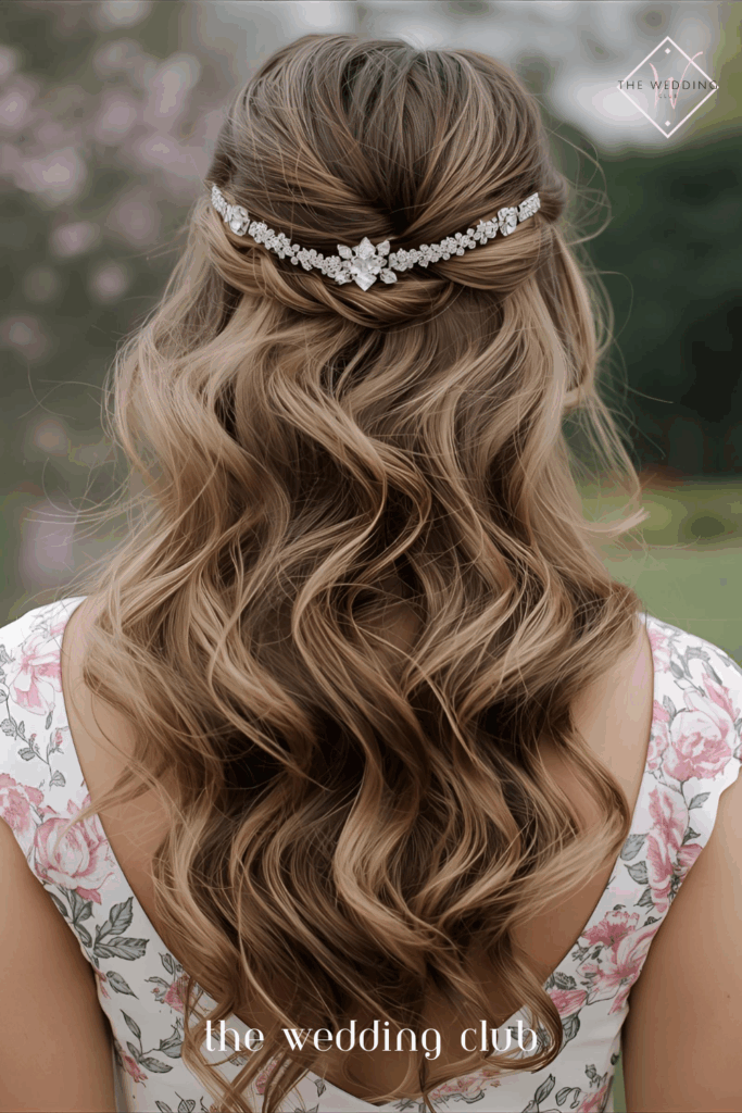 Long layered waves with jeweled headband, pastel floral midi dress, spring garden wedding setting