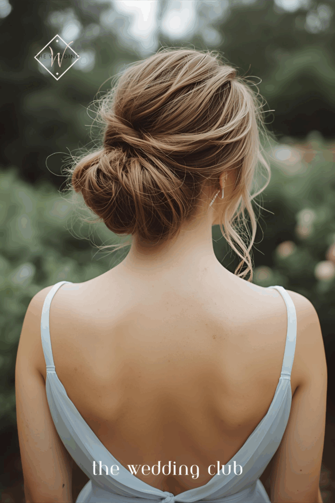 Loose knotted bun with face-framing tendrils, pale blue chiffon gown, dainty pearl bracelet, romantic garden wedding setting
