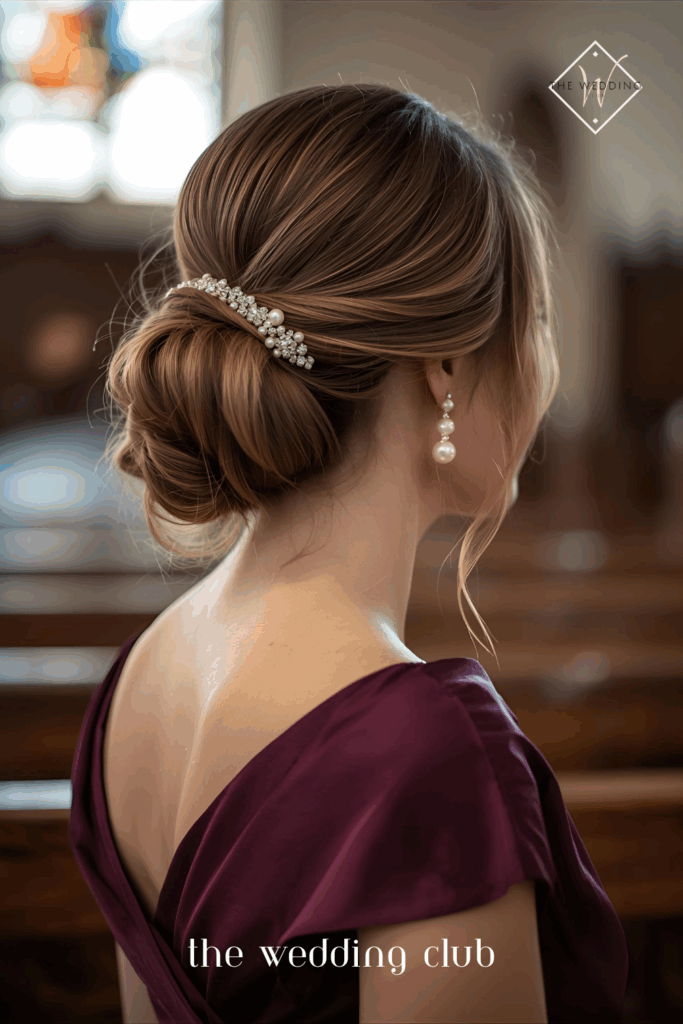 Elegant low chignon bun on long hair, navy satin gown, pearl earrings, traditional church wedding setting