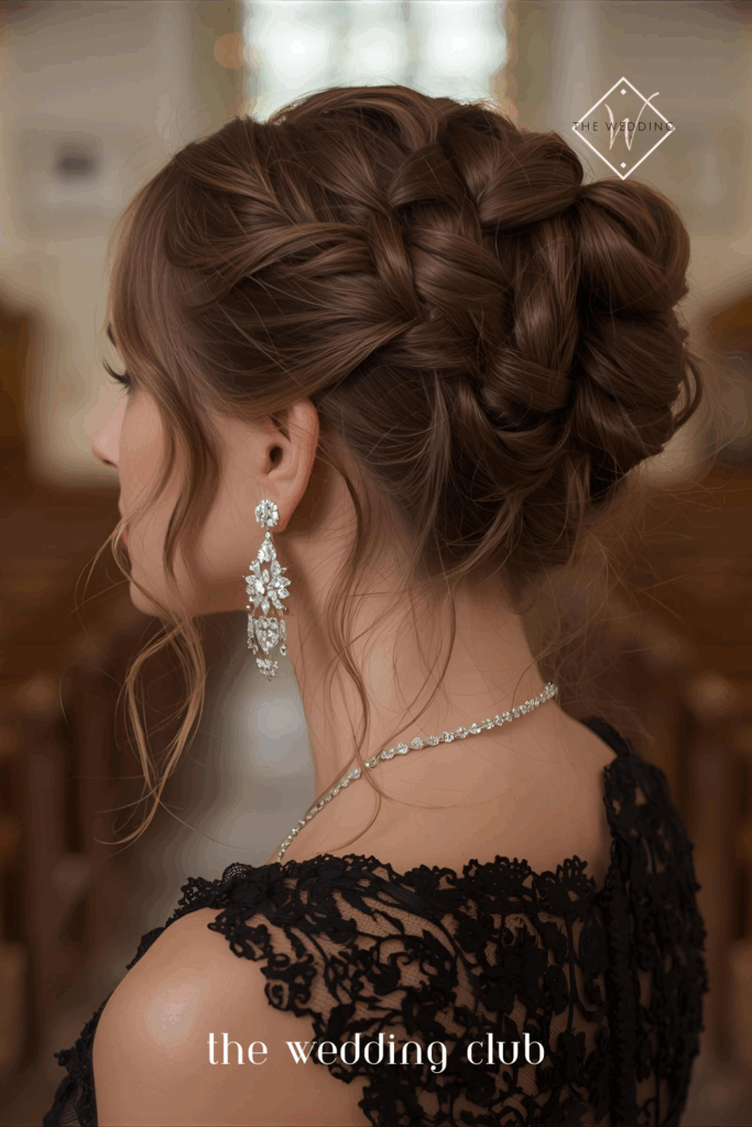 French twist braided chignon, elegant black cocktail dress, diamond studs, chapel wedding background