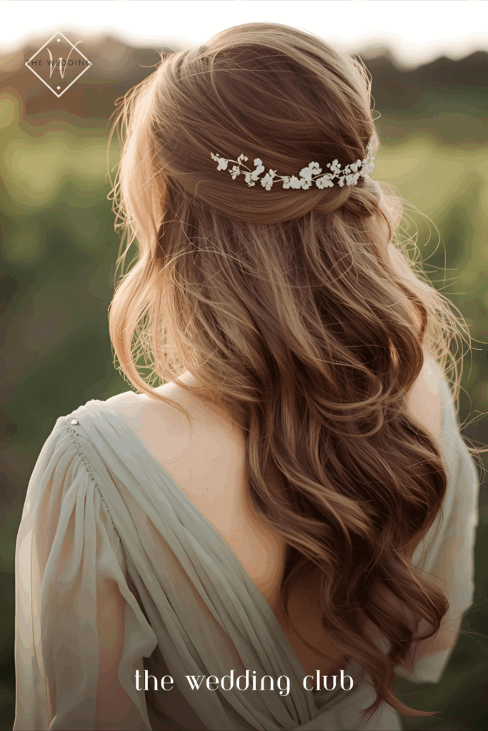 Loose curls with dainty flower pins, chiffon gown in sage green, vineyard wedding backdrop
