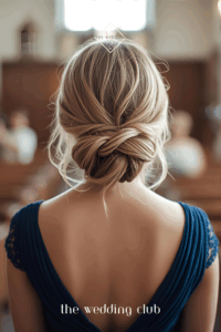 Medium hair in low twisted bun, elegant blue guest dress, church wedding setting