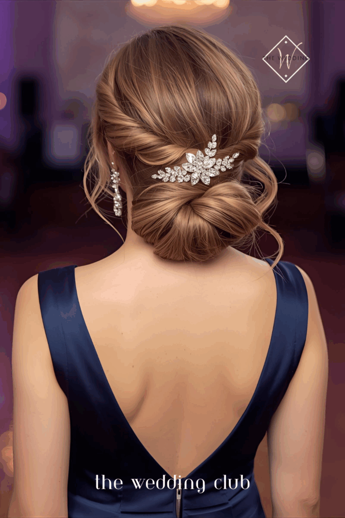 Braided low bun hairstyle, floor-length navy satin gown, jeweled hair comb, grand ballroom backdrop
