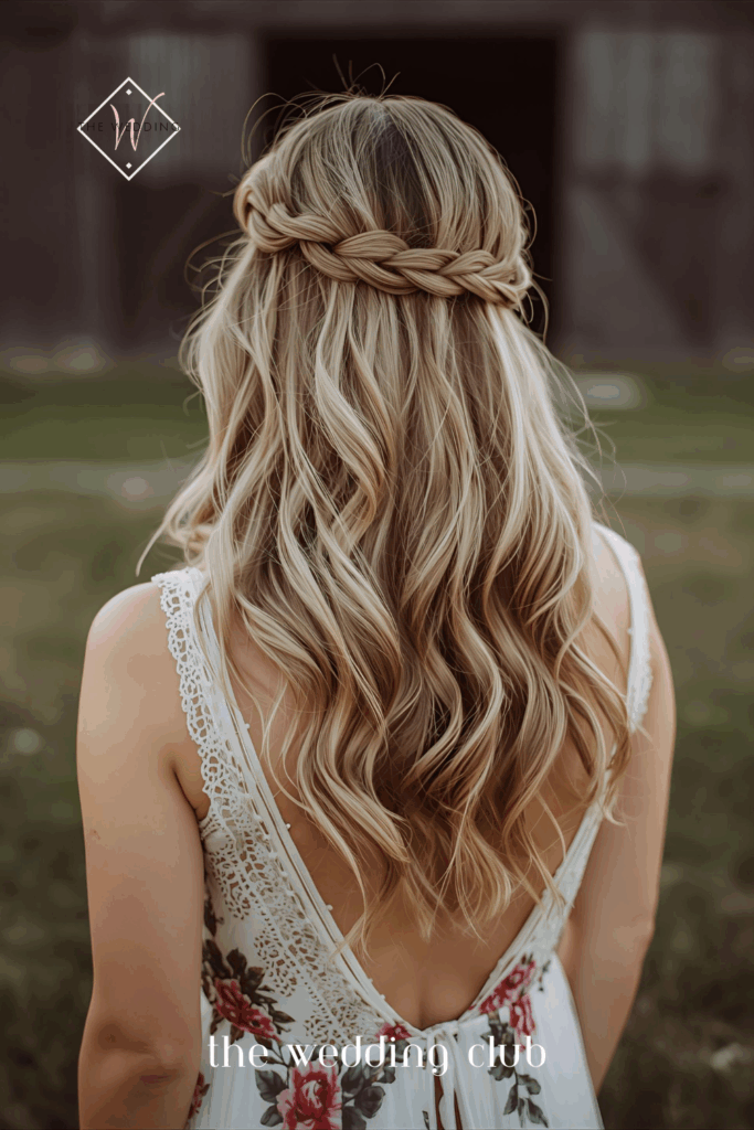Half-up braided crown on medium wavy hair, boho floral maxi dress, rustic barn wedding background