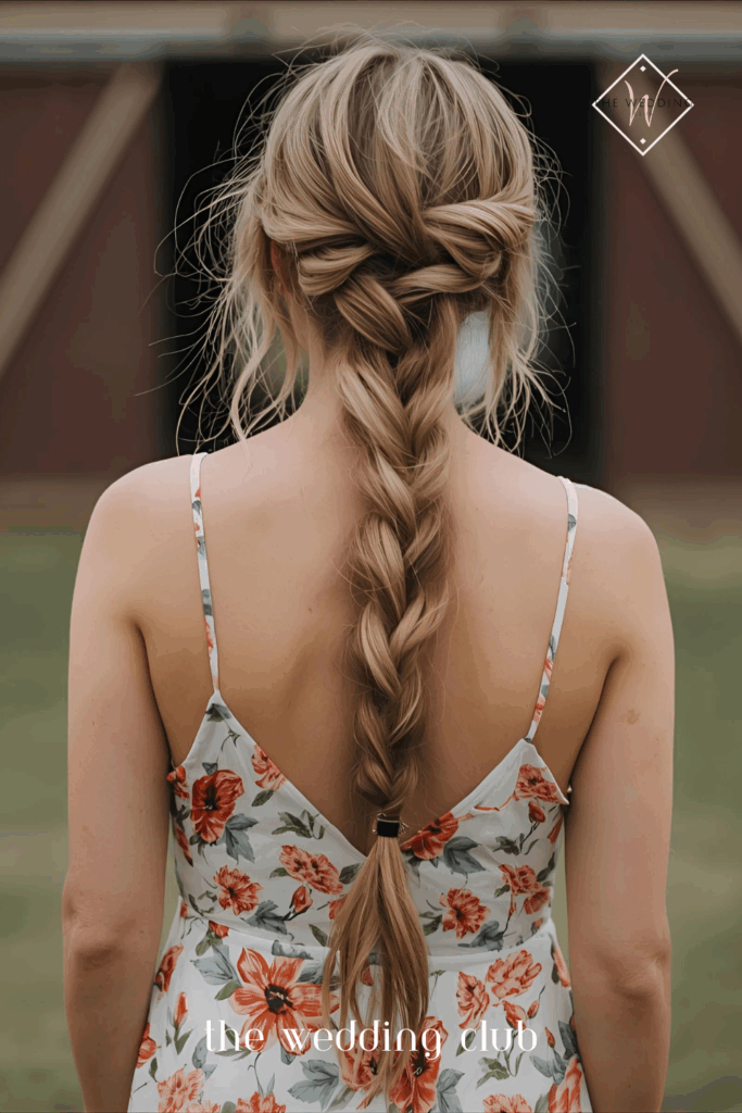 Loose boho fishtail braid, floral maxi dress, rustic outdoor barn wedding background