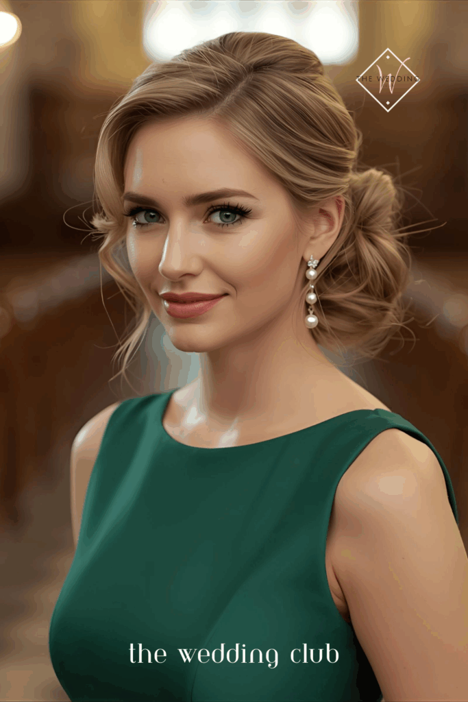 Polished blowout with side part, fitted emerald gown, pearl earrings, formal church wedding