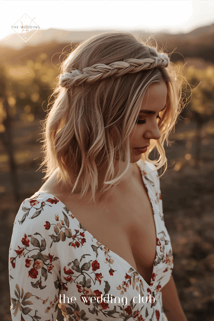 Short to medium-length hair styled with braided crown across the top, boho floral maxi dress, vineyard wedding background