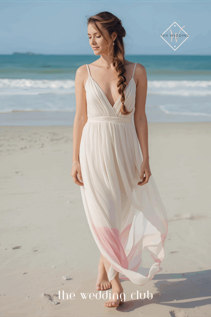 Side braid blended into long waves, pastel chiffon dress, barefoot sandals, sunny beach wedding