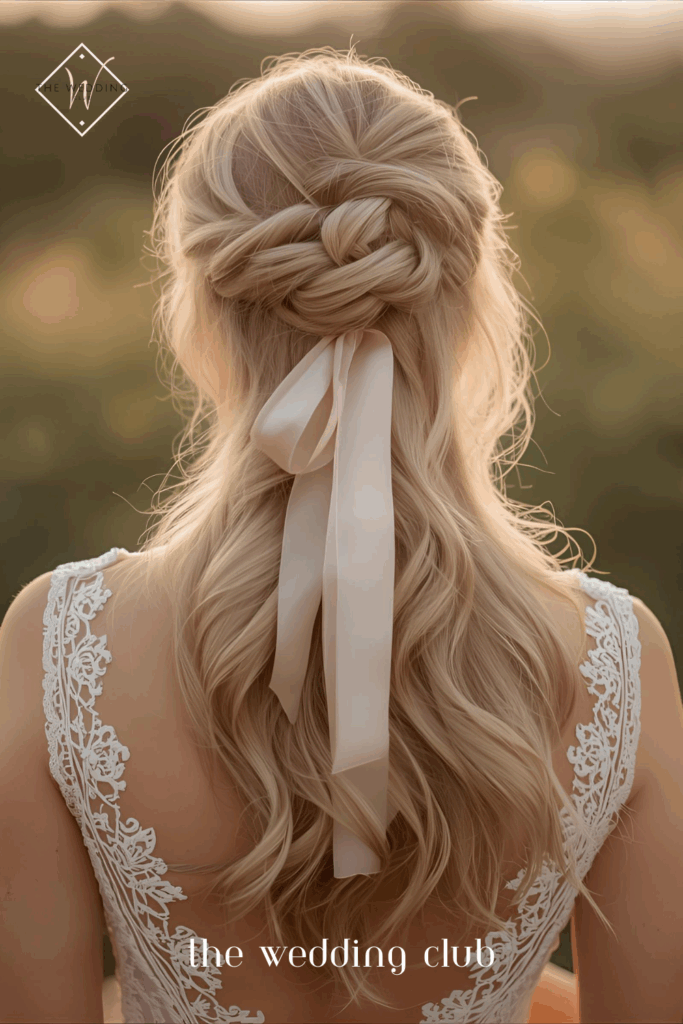 Twisted half-up style tied with satin ribbon, blush pink midi dress, rustic outdoor garden wedding