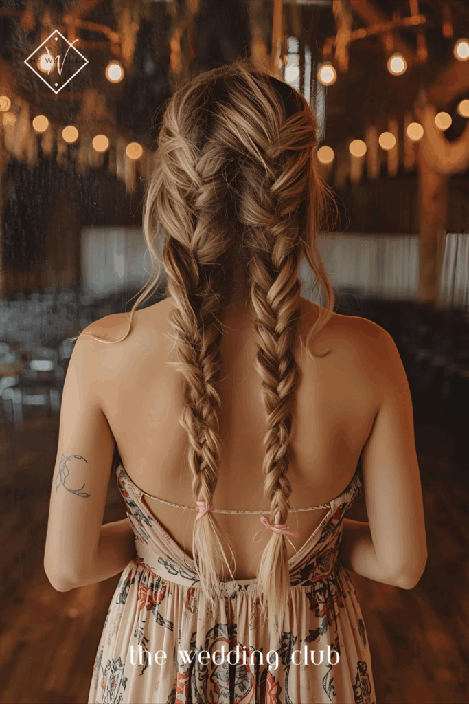 Double braids woven into waves, bohemian patterned maxi dress, rustic barn reception