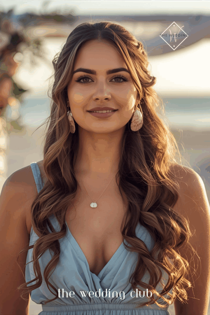 Half-up half-down long curls, light blue boho dress, seashell earrings, beachside altar background