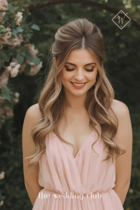 Half-up half-down long hairstyle with volume at crown, soft curls, blush pink chiffon dress, romantic garden wedding