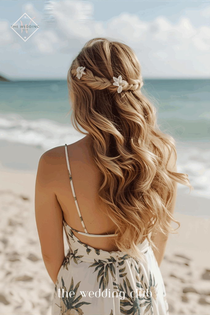Medium-long hair in loose beach waves, flowy sundress, tropical seaside wedding ceremony