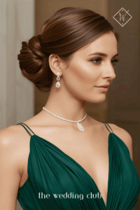 Smooth French twist updo, emerald green evening gown, diamond necklace, luxury hotel wedding