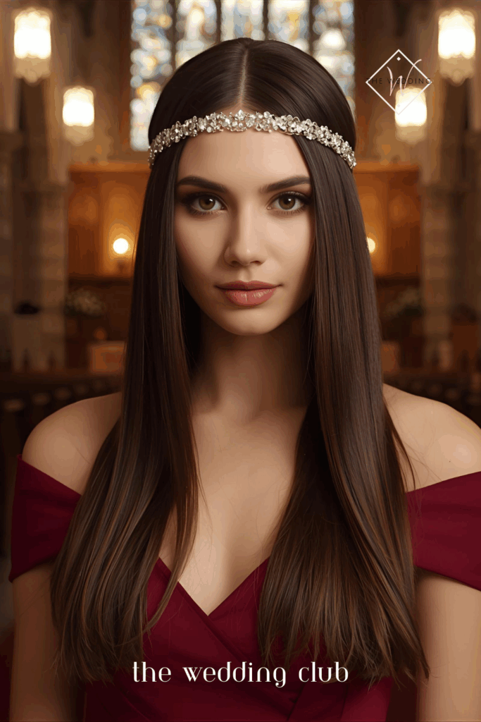 Straight glossy hair with jeweled headband, floor-length burgundy gown, cathedral church wedding backdrop