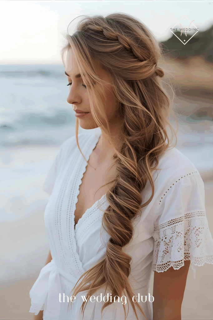 Long hair styled in side braid with waves, bohemian wrap dress, beach wedding with ocean view