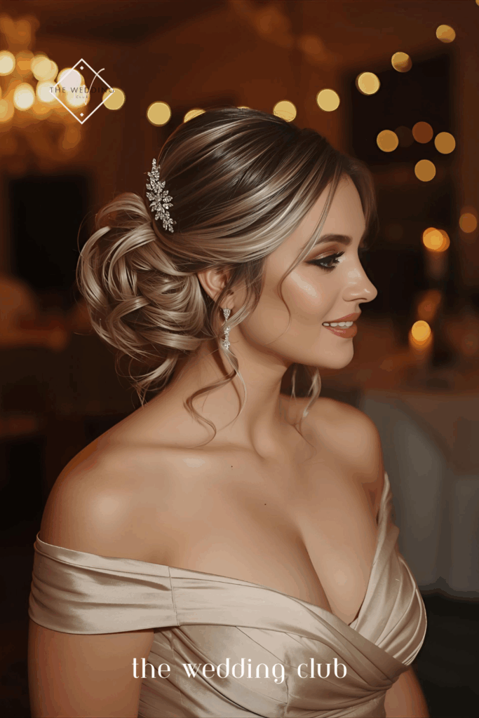 Romantic curls with jeweled pin on one side, champagne-colored off-the-shoulder gown, candlelit wedding reception background