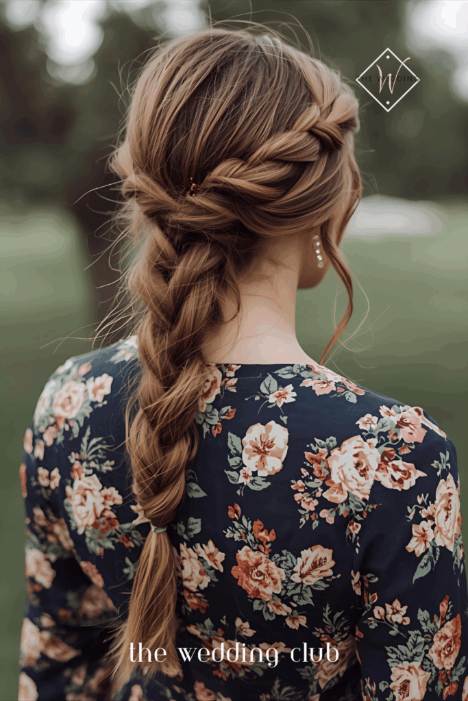 Braided ponytail on medium-length hair, floral print wrap dress, strappy sandals, outdoor summer wedding