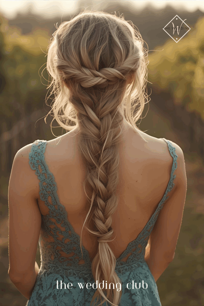 Twisted crown braid on long hair, ivory lace midi dress, rustic vineyard wedding background