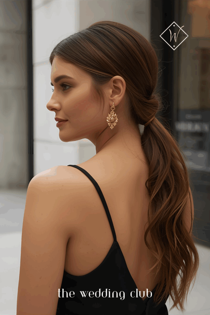 Sleek low ponytail with wrapped hair band, minimalist black slip dress, statement gold earrings, modern city wedding backdrop