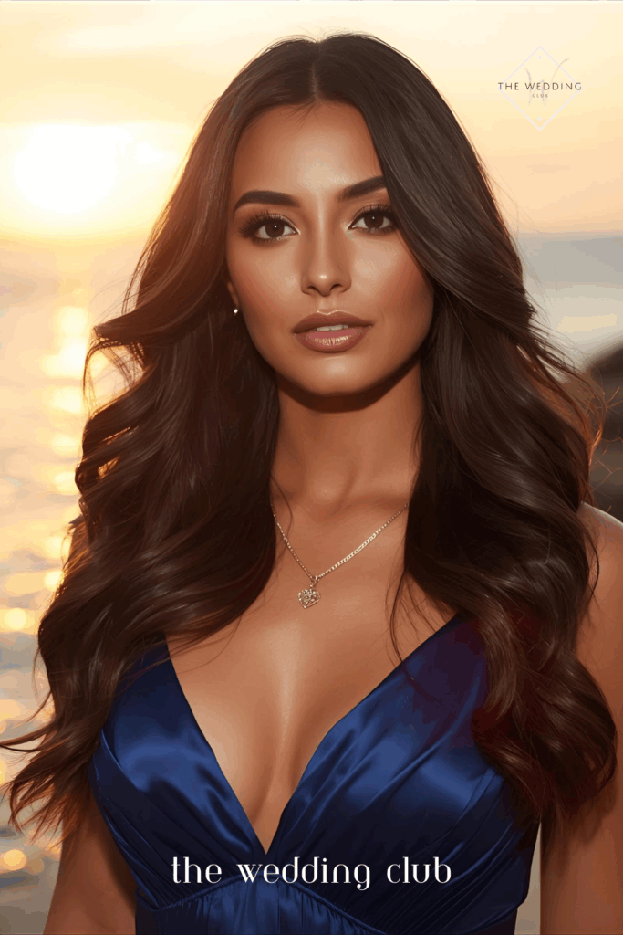 Long glossy wavy hair, blue satin dress, seaside sunset wedding in background